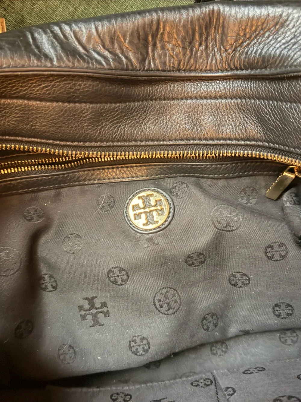 Tory Burch Black Pebbled Leather Tote with Gold Accents